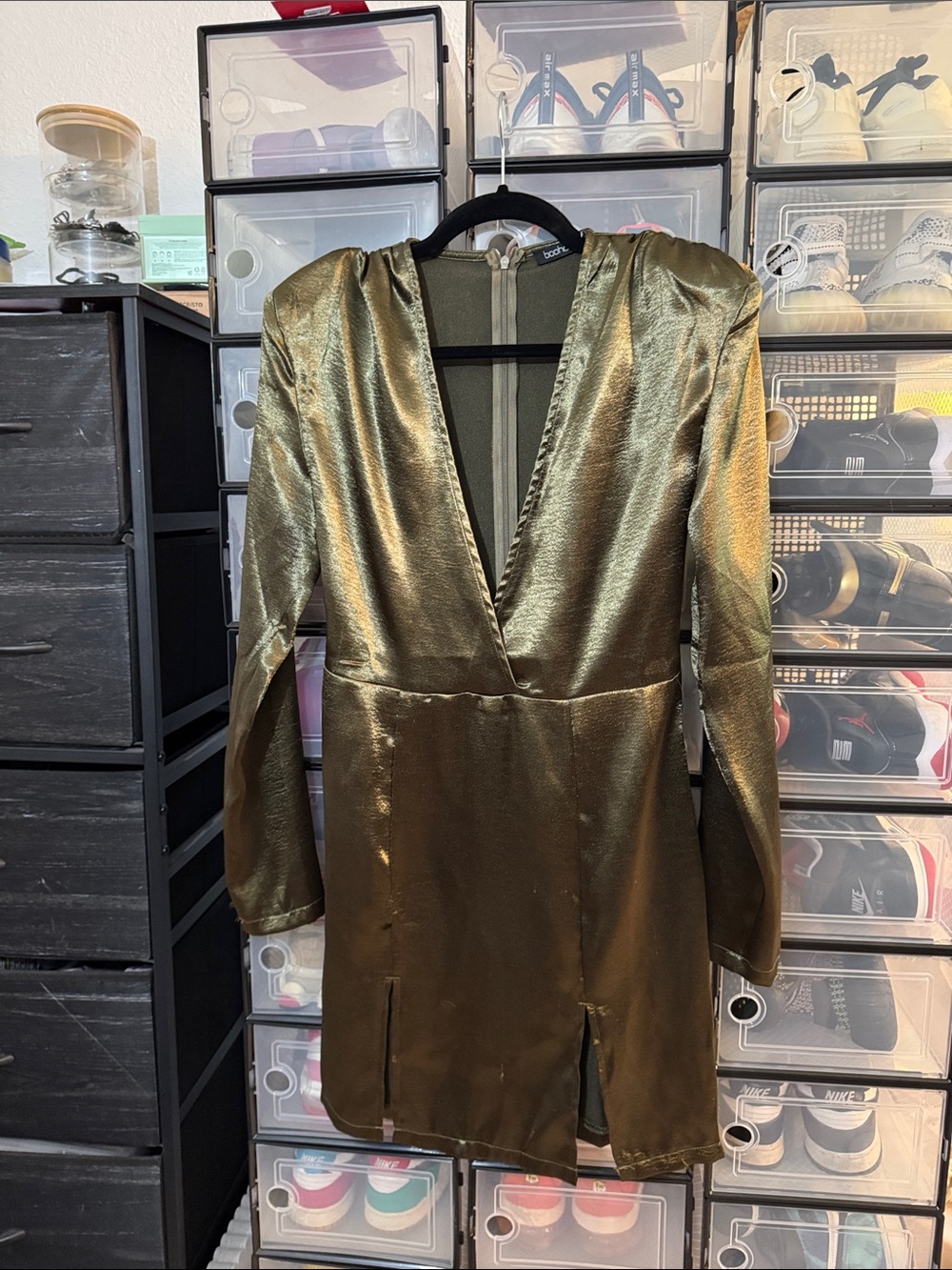 Boohoo Olive Green Satin Mini Dress